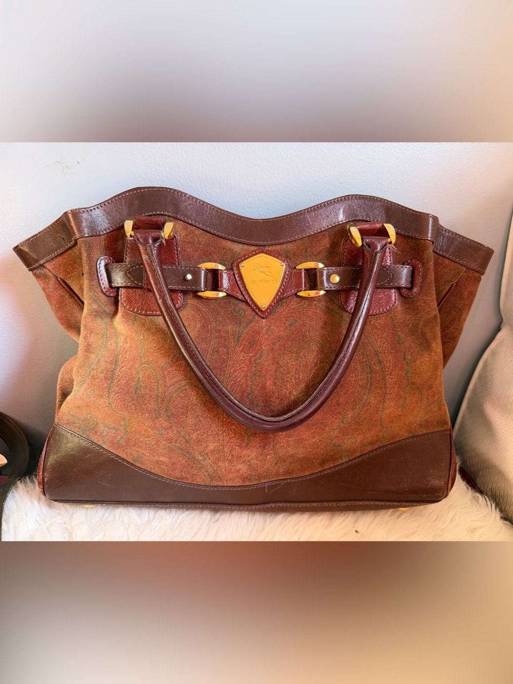 Etro Brown Paisley Canvas and Leather Tote with Gold Hardware